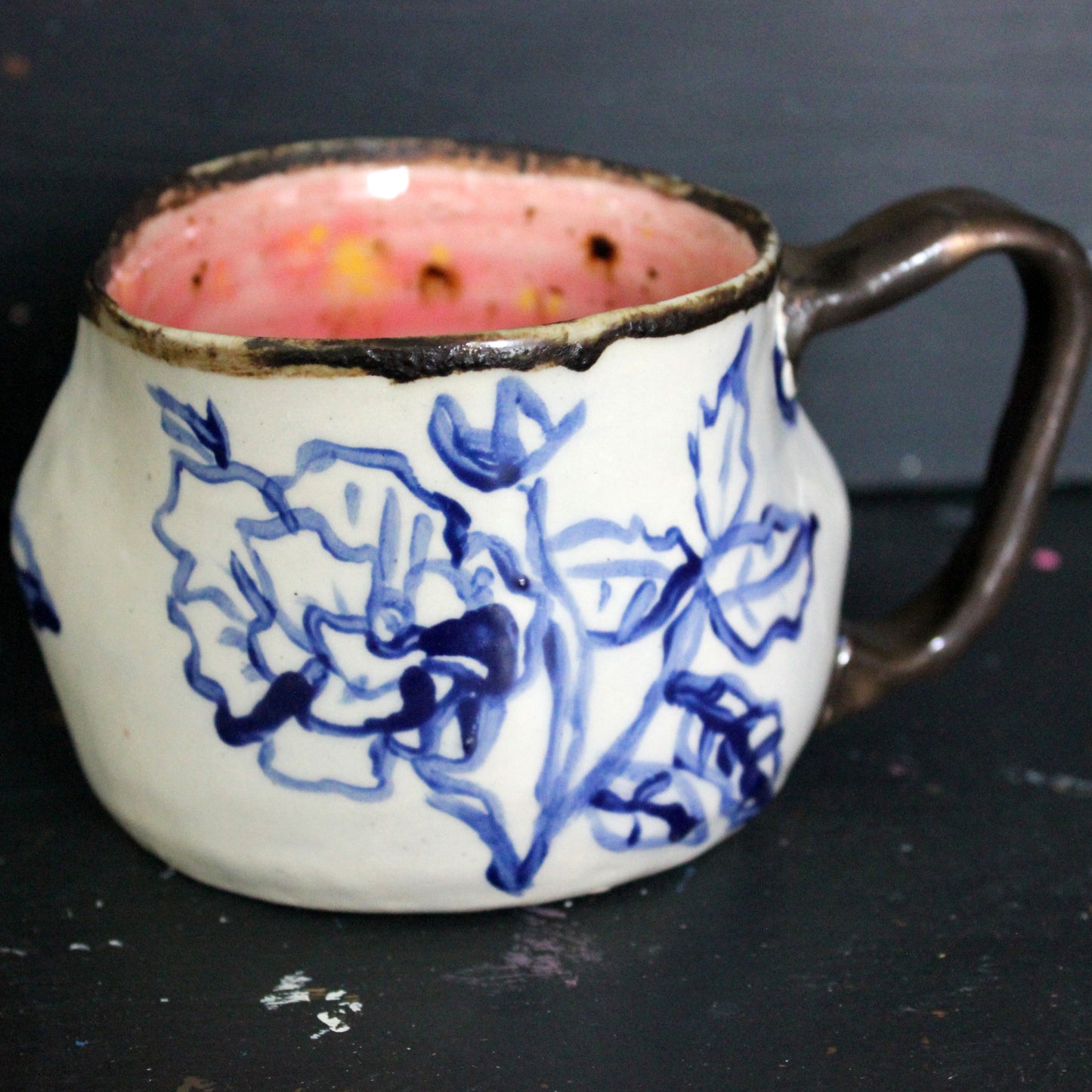 Blue Floral Mug with Pink Interior