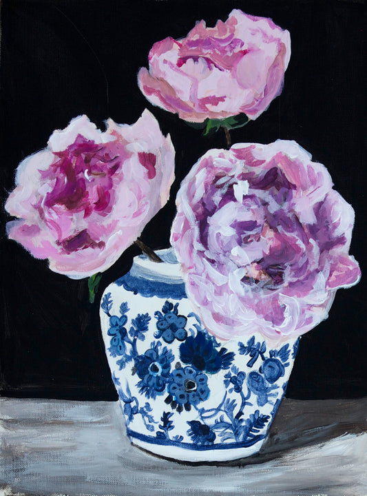 peonies in blue and white vase print